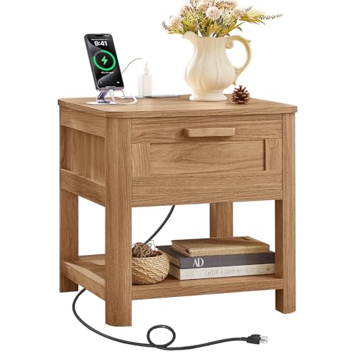 Image of Joaxswe Farmhouse Side Tables Living Room, Small Nightstand with 1 Drawers & Open Shelving & 4 Thickened Table Legs, Dark Wood