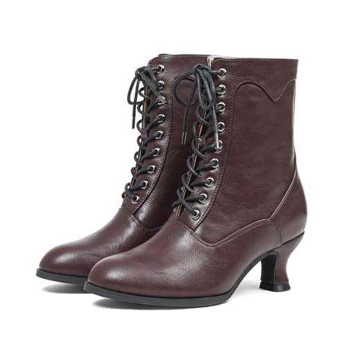 Image of Women's Victorian Ankle Boots - Mid Calf, Round Toe, Black Boots with Chunky Heel & Lace Up Detail