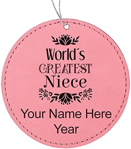 LaserGram Personalized Christmas Ornament, World's Greatest Niece, Faux Leather, Custom Laser Engraved Gift Idea (Round Shape, Pink)