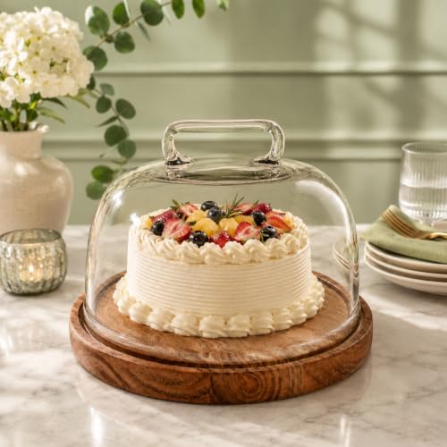 Image of Sweet Vault Acacia Wood Cake Stand with Glass Dome | Multipurpose Serving Cake Plate | Dessert Cupcake Pastry Display Stand | Round Cake Cutting Holder