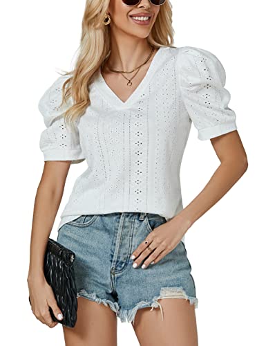 Blooming Jelly Womens Dressy Casual Tops Puff Short Sleeve V Neck Blouses Cute Summer Eyelet T Shirts #TOP26