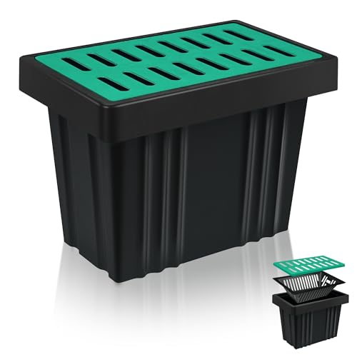 21.6x13.9x15.7 FRP Catch Basin with Debris Filter Basket and Composite Grate Heavy Duty Storm Water Drainage Box for Yard Garden and Downspout Runoff