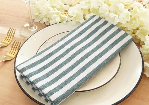 Image of Cotton Mercerised Dining Table Napkins, Set of 4, Solid Plain Colour, Heavy Weight,MoreThan 2 cm Mitered Hem,Washable at 40C (Green Stripe, 45 X 45 Cms)