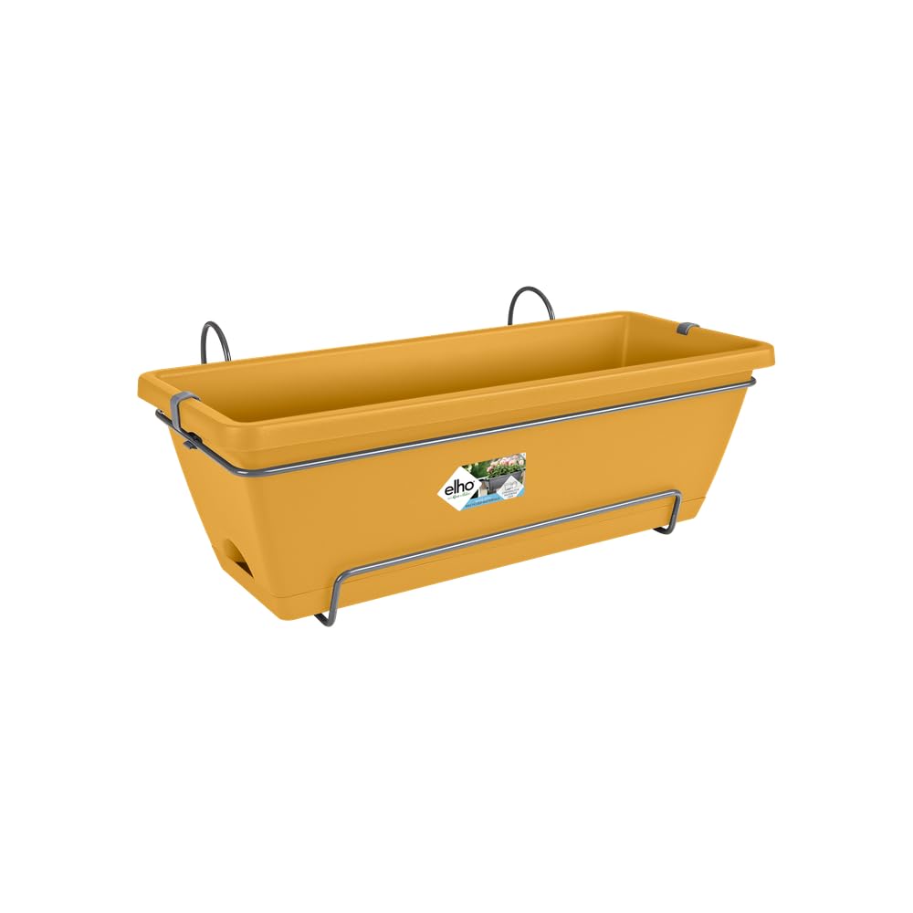 elho Barcelona Allin1 50 Balcony Planter - with Saucer and Hanging rack - 100% Recycled Plastic - Ø 49.5 x H 18.5 cm - Yellow/Honey Yellow