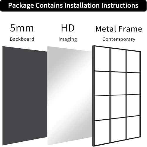 Image of Dewfig Rectangle Wall Mirror, 47 inchx30 inch Metal Frame Windowpane Mirror, Black