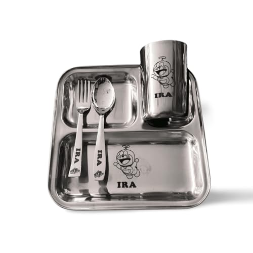 Image of Stainless Steel Namoh Customizations Customized Solid Thali Set for Kids with Name: Personalized Thali Set with Name, Silver