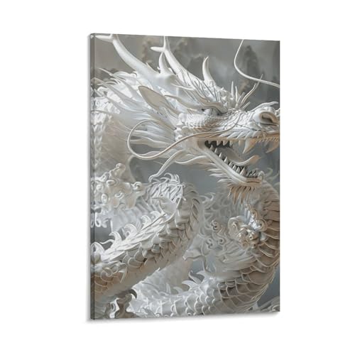 Toile murale dragon blanc encadrée décoration haut de gamme
