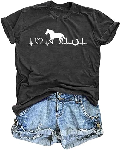 Vvnty Horse Lover Shirt Women: Horse Heartbeat T Shirt Funny Horses T-Shirt Casual Animal Graphic Tees Grey thumb #3