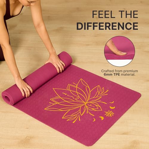 Image of CULT Lotus Print Yoga Mat for Woman & Yoga Mat for Man | 6mm TPE Anti-Slip Workout Mat for Home Gym | Premium Exercise Mat & Fitness Mat for Kids & Adults | Yoga Mats with Carry Bag (Purple)