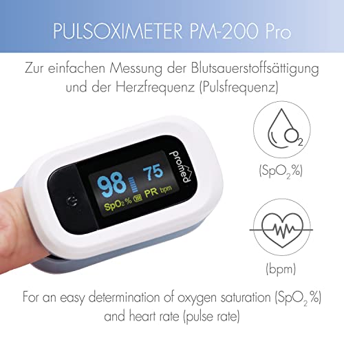 Promed Pulsoximeter PM-200 Pro, Einfache Messung von Herzfrequenz & Sauerstoffsättigung im Blut, Fingerpulsoximeter mit OLED-Display & Abschaltautomatik