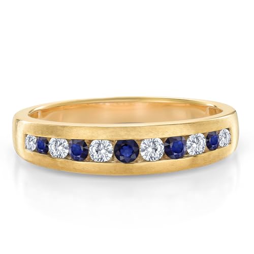 Gem Stone King 10K Yellow Gold White Lab Grown Diamond and Blue Sapphire Satin Finish Wedding Band Ring for Women (0.63 Cttw, Available in Size 7,8,9,10,11,12,13)2