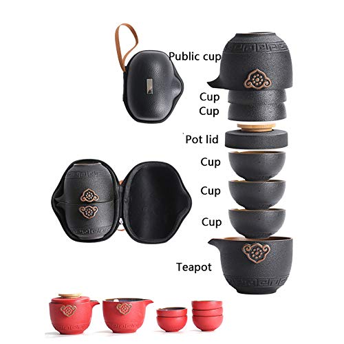 Przenośny podróżny zestaw do herbaty, Kung Fu TeaSet Ceramiczny przenośny czajniczek Porcelanowy zestaw do herbaty Gaiwan Filiżanki do herbaty Ceremonia herbaty(Black)