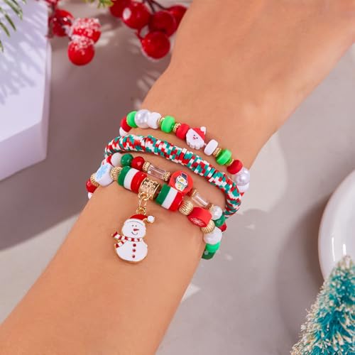 Dusarls Lot de 4 bracelets de Noël verts et rouges empilables avec perles en acrylique, flocon de neige, arbre de Noël, bonhomme de neige, Père Noël, pandent, bijoux pour femme