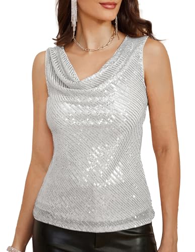 GRACE KARIN Damen Übergröße Enges Party Elegant Oberteil Pailletten Ärmelloser Neckholder V-Ausschnitt Sexy Sequin Tank Top Silber Weiß L