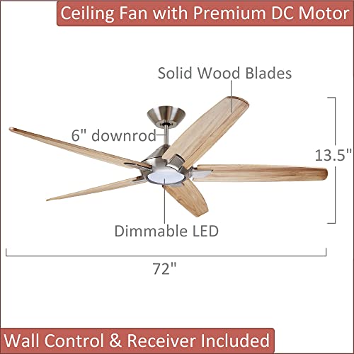 Luminance Dorian Eco 72 Inch Ceiling Fan With Light | Dimmable Led Fixture With Premium Dc Motor | 6-Speed Wall Control With Natural Solid Wood Blades With And Downrod Mount, Brushed Steel #TOP1