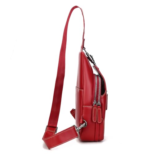Image of Genuine Leather Sling Bag for Men and Women Chest Pack Purse Crossbody Shoulder Bag Sling Backpack (Red)