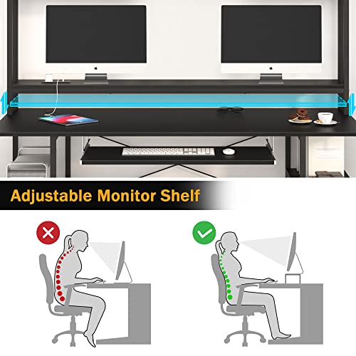 55" Computer Desk With Power Outlet & Usb Ports, Heavy Duty Desk With Hutch Keyboard Tray, Home Office Desks With Shelves Monitor Stand, Study Table Writing Desk Workstation, Easy To Assemble, Black #TOP6