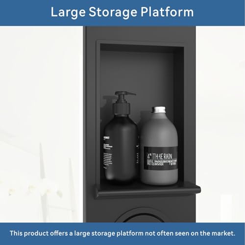 Image of ELLO&ALLO Shower Panel System Tower with Shelf, Rainfall and Waterfall Head Rain Massage Stainless Steel Bathroom Fixtures with Adjustable Body Jets, Black