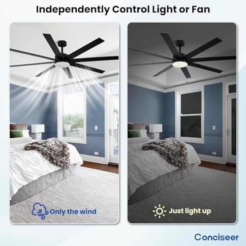 Image of Conciseer Modern 72 Inch Ceiling Fans with Lights and Remote, Dual Color 8 Blades,Living Room Office Library Cafe Outdoor Industrial, 24W 3CCT 6 Speed Reversible Quiet DC Motor, Black /Wood Grain