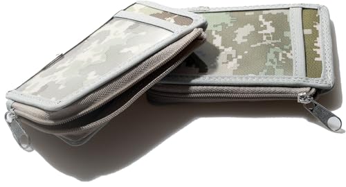 DQL Gift for Veteran Slim Minimalist Front Pocket Wallet, RFID Blocking zipper Credit Card Holder Wallet with clear ID window Detachable D-Ring for Men Women(Camo Desert)4