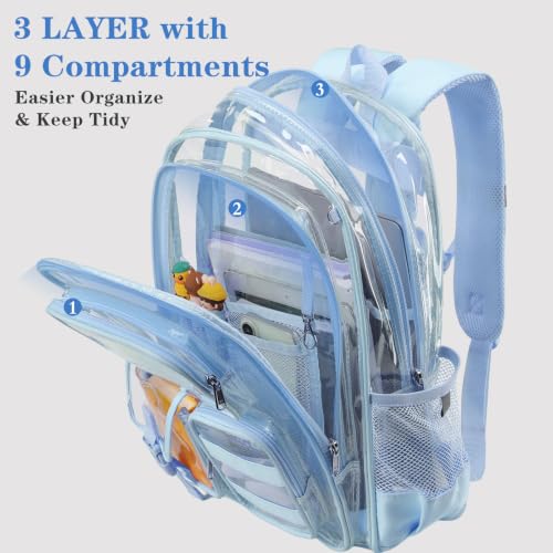 Image of Three-layer Clear Backpack, Heavy Duty Clear Bookbag for Kids, See Through Backpack Transparent Bag for Girls Boys (Light Blue)