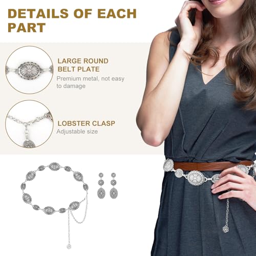 Western Concho Belt and Cowgirl Earrings Set, Silver Exquisite Vintage Oval Elements Waist Chain Dangle Earrings Boho Jewelry Gift for Women Country Concert Outfit4