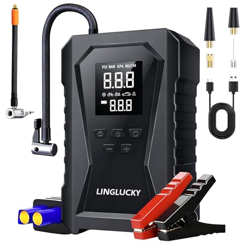 Catálogo de Arrancador de Auto Walmart Top 10. 46 LINGLUCKY Arrancador de Batería de Auto Portátil 3000A y Compresor de Aire 150PSI,Jumper para Carro de 12V(9L Gasolina/6.5L Diésel) con Pantalla LCD,Linterna LED,Luz de...
