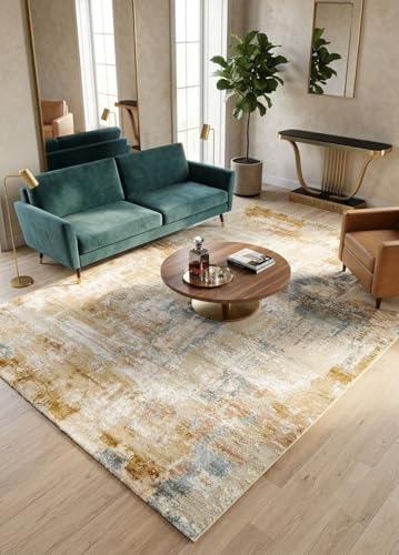 Image of 2x5 Feet (60x150 CM) Carpet for Bedroom Living Room & Hall - Ivory Multi Spiral Modern Abstract Geometric Silk-Touch Luxury Hotel-Style Washable Anti-Skid Turkish Area Rug