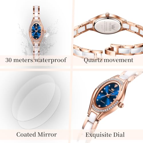 Image of OLEVS Women's Quartz Watches - Elegant Oval Diamond Dress Watch with Ceramic Band, 30M Waterproof Ladies Wrist Watch for Dress & Casual Wear (Rose Gold Blue /Red /Purple /White)
