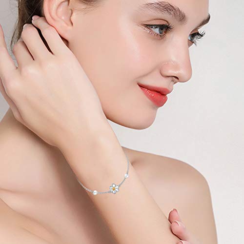 Yafeeso Solid 14K White Gold Daisy Bracelet For Women Daisy Flower Link Bracelet Daisy Jewelry Anniversary Birthday Gifts For Her, 6.5+2 Inch #TOP1