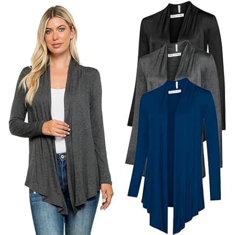 Free to Live 3 Pack Long Sleeve Cardigan for Women Open Front Dressy Casual Lightweight Sweaters (Medium, Black, Charcoal, Navy) Cover