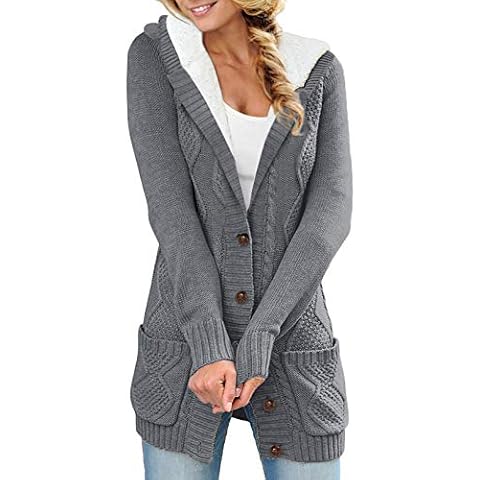 Reukree Womens Hooded Cardigan Winter Warm Cable Knitted Outwear Button-up Cardigans Fleece Sweater Jackets Coat Hooded - Dark Grey Large Cover