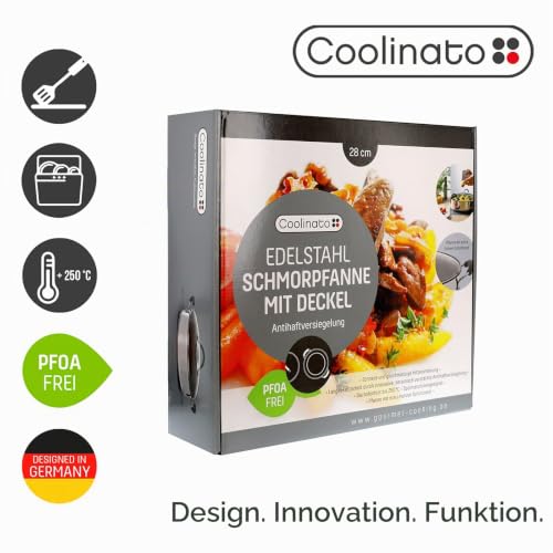 Foto von Coolinato Schmorpfanne Edelstahl 28cm beschichtet Schmortopf inkl. Glasdeckel, Bräter für Gas Ceran Elektro Induktion und Backofen, spülmaschinengeeignet