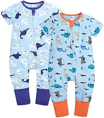 Feidoog Toddler 2 Pack Baby Zipper Rompers Cotton Short Sleeve 2 Way Zipper One Piece Jumpsuit Outfits,Dinosaur,6-12M