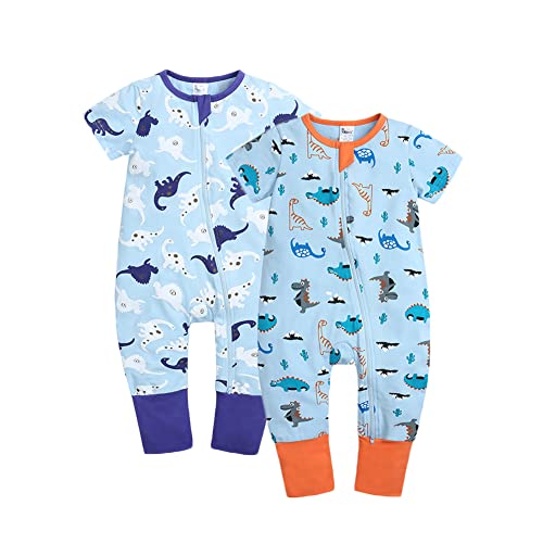 Image of Feidoog Toddler 2 Pack Baby Zipper Rompers Cotton Short Sleeve 2 Way Zipper One Piece Jumpsuit Outfits,Dinosaur,3-6M
