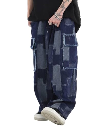 Patchwork Cargo Pants for Women Wide Leg High Waisted Elastic Waist Unisex Y2k Plaid Checkered Pants2