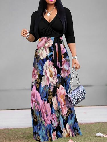 Image of PinkPatty Plus Size Dresses for Curvy Women V Neck Flowy Long Sleeves Wrap Maxi Dress Travel Vacation Outfits