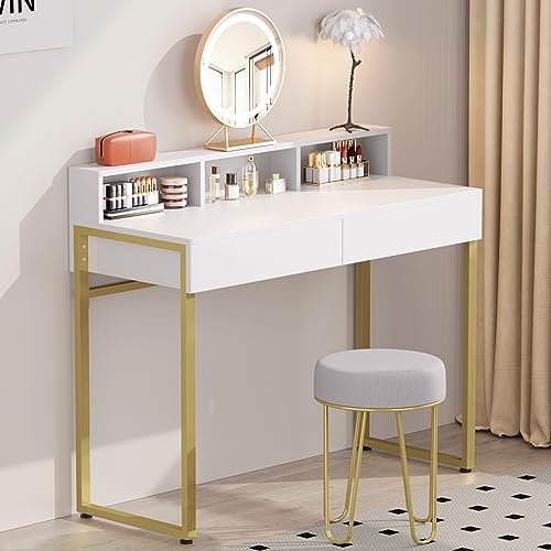 Image of GreenForest Vanity Desk with 2 Drawers, White Makeup Desk with 3 Storage Spaces, 40 inch Small Desk with Gold Metal Legs, Modern Home Office Desk for Kids, Bedroom (No Mirror)