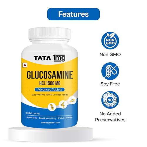 Tata 1mg Glucosamine HCL 1500 mg Tablet with Boswellia, Rosehip, Collagen, Arginine for Joint Support, For Men & Women, Non-GMO & Soy-Free (60 Tablets)