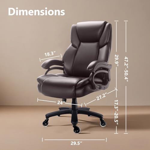 Image of Waleaf 500lbs Big and Tall Office Chair, Heavy Duty Chair for Heavy People, Adjustable Ergonomic Lumbar Support Executive Chair, Large High Back and Quiet Rubber Wheels, Brown