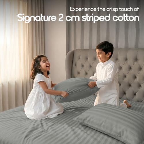 Image of LINENWALAS Cotton 300 Thread Count Single Size Bedsheet Set | 2 cm Sateen Stripe Design | Cloud-Soft, Breathable & Skin-Safe |Oeko-TEX Certified Hotel-Style Bedding (60 x 90, Silver Grey)