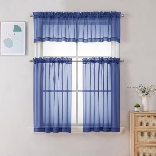 Image of Chyhomenyc Royal Blue Sheer Valances for Windows - Light Filtering Small Kitchen Curtains, Rod Pocket Short Top Window Treatment Decor for Living Room Bathroom Basement, 42Wx16L inches, 2 Panels