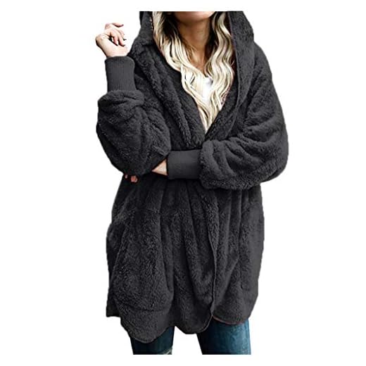 Femme Veste Polaire Manteau Manches Longues Sweats à Capuche Blouson Automne Hiver Chaud Cardigan Pull Hooded Coat avec Poche Couleur Unie sans Fermeture Éclair Chaud Pas Cher