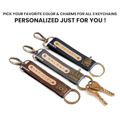 Image of AICA Personalized Name, Color & Charm Leather Keychain - Pack of 3 | Customized Unisex Keychains for Office Bags, Keys, Backpacks, School & College Use | Stylish Keychain for Daily Use Travel Gifting