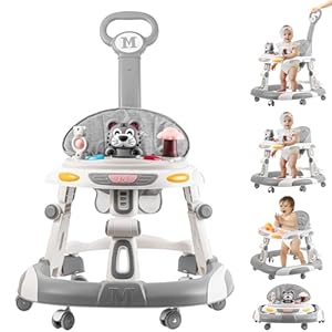 Baby Walker, 4-in-1 Foldable Baby Walkers and Baby Activity Center with Toys Tray,3-Gear Height Adjustable Infant Toddler Baby Walker with Wheels for Baby Boys and Girls 6-24 Months(Grey)