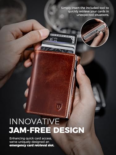 LORZOR Wallet for Men with Metal Card Holder, Pop Up Wallet, Finest Full Grain Leather Trifold Wallet, Smart, Minimalist, RFID Blocking, Front Pocket, ID Window, VintageBrown/Silver4