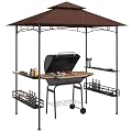 Outsunny 8' x 5' Grill Gazebo, 2-Tier Outdoor BBQ Gazebo with Ceiling Hook, 2 Side Shelves and Storage Baskets for Patio Deck Yard, Dark Brown