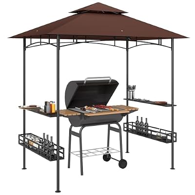 Outsunny 8' x 5' Grill Gazebo, 2-Tier Outdoor BBQ Gazebo with Ceiling Hook, 2 Side Shelves and Storage Baskets for Patio Deck Yard, Dark Brown