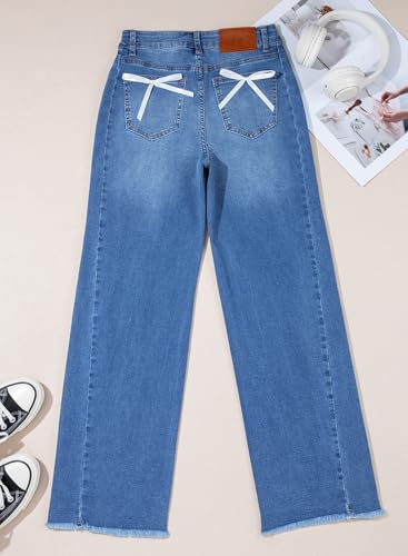 Sidefeel Women's Bowknot Wide Leg Jeans High Waisted Strechy Raw Hem Denim Pants
