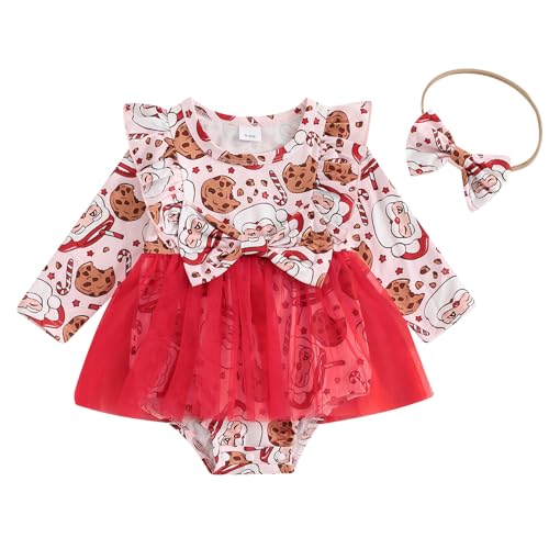 Image of Newborn Baby Girl Christmas Outfit Romper Dress Ruffle Sleeve Onesie Jumpsuit Infant Fall Winer Clothes